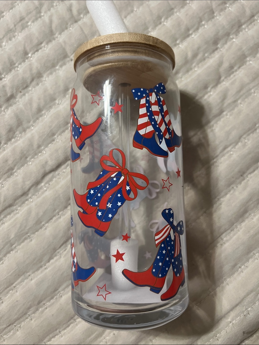 Clear Glass Tumbler with Patriotic Cowboy Boot Design